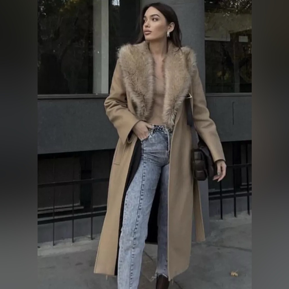 Zara Beige Fur-Trimmed Coat - Picture 2 of 16